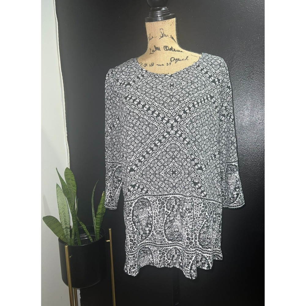 Lucky Brand Women's 1X Black & White Print‎ Peasant Blouse Bell Sleeve Tunic Top